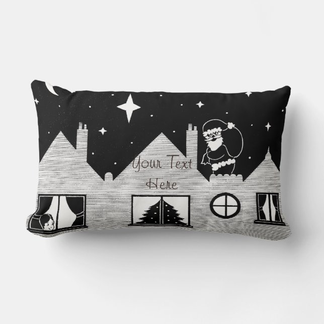 Cute santa with sack on roof black and white lumbar cushion (Front)