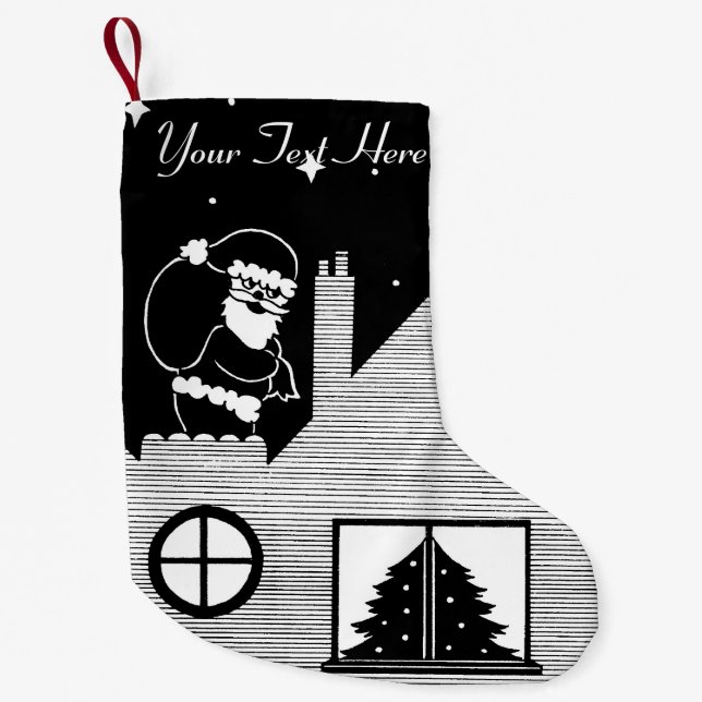 Cute santa with sack on roof black and white small christmas stocking (Front)