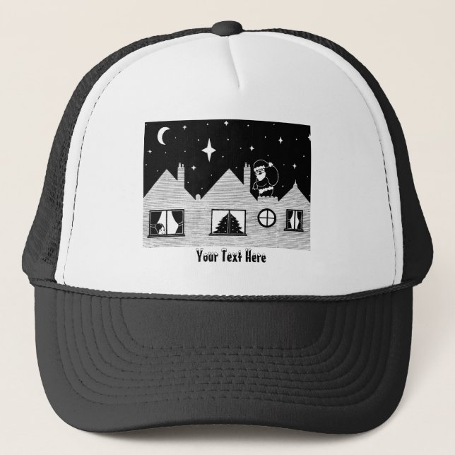 Cute santa with sack on roof black and white trucker hat (Front)
