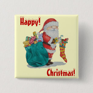 Cute santa with toys and gifts christmas button