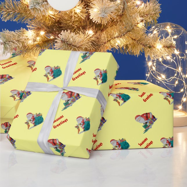 cute santa wrapping gifts for christmas wrapping paper (Holidays)