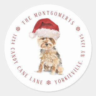 Cute Santa Yorkie Christmas Return Address Classic Round Sticker