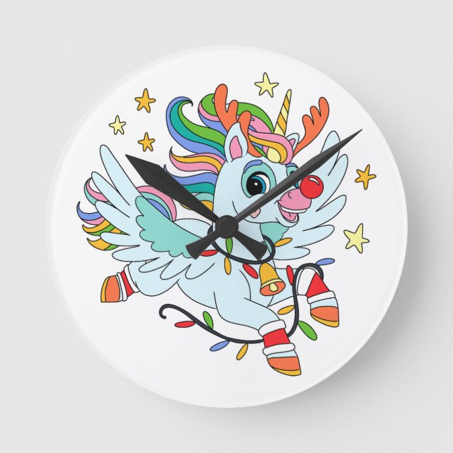 Cute Santa's deer unicorn Round Clock (Front)