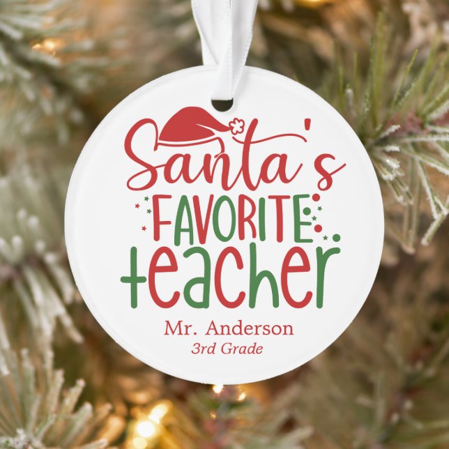 Cute Santa's Favourite Teacher Red Green Name Clas Ornament (Tree)