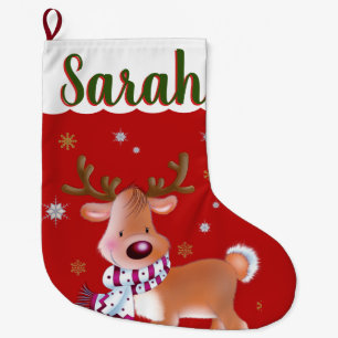Cute Santa's Reindeer Large Christmas Stocking
