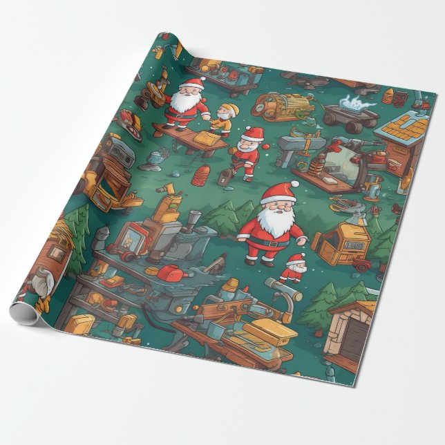Cute Santa's Workshop Wrapping Paper (Unrolled)