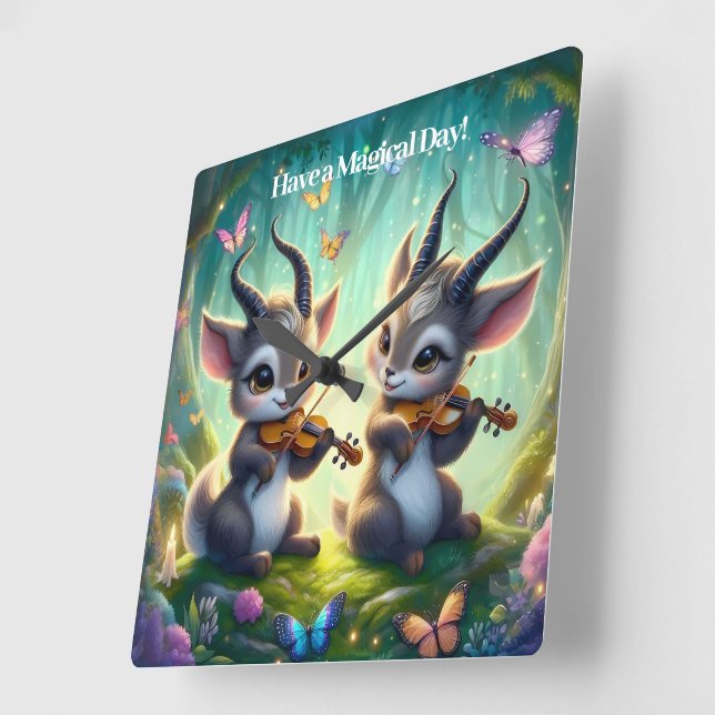 Cute Saolas Playing Violas in a Magical Forest Square Wall Clock (Angle)