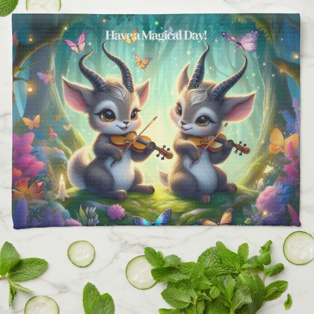 Cute Saolas Playing Violas in a Magical Forest Tea Towel (Folded)