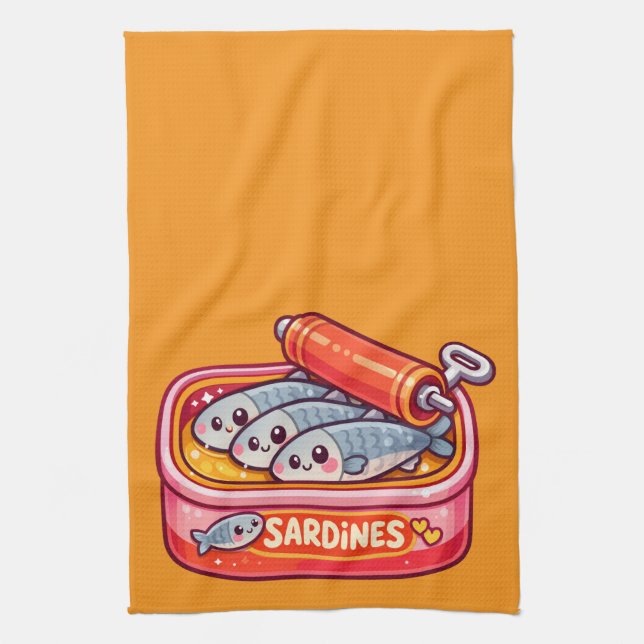 Cute Sardines Fish Cartoon Tea Towel (Vertical)