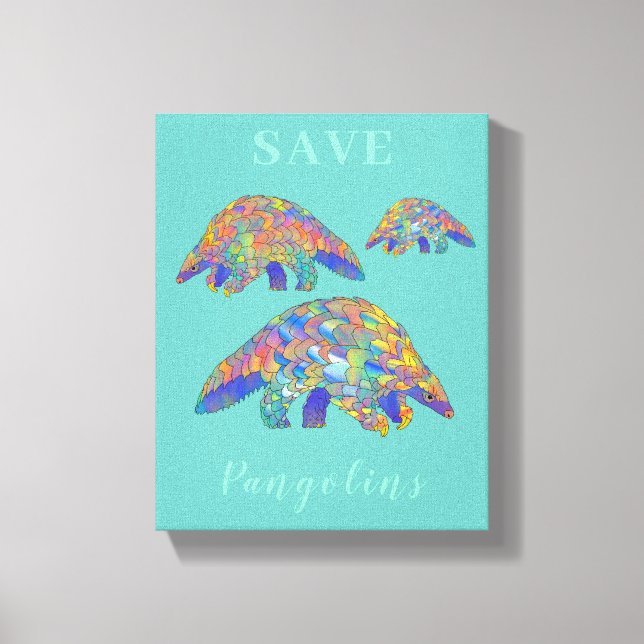 Cute Save Pangolins slogan teal Canvas Print (Front)