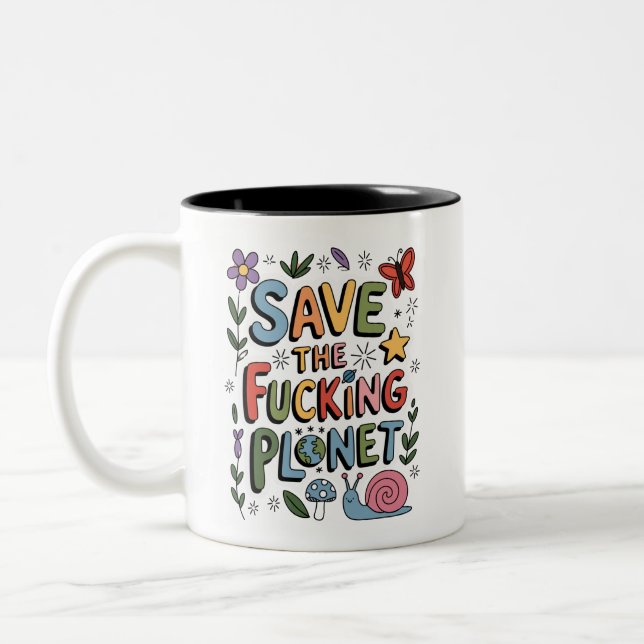 Cute Save the Planet Environmental Ecowarrier  Two-Tone Coffee Mug (Left)