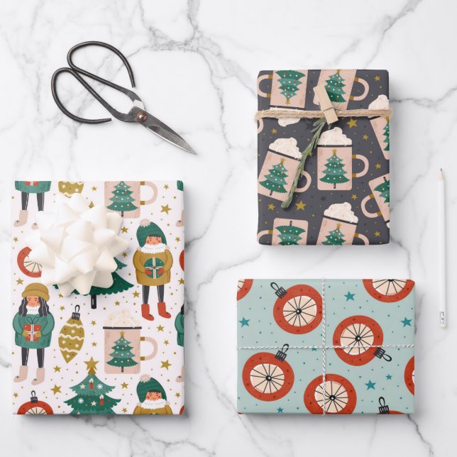 Cute Scandi Christmas Patterns Wrapping Paper Sheet (Front)