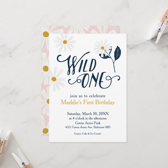 Cute Scandi Daisy Wild One First Birthday Invitation (Front/Back In Situ)