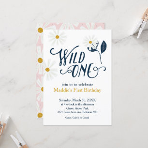 Cute Scandi Daisy Wild One First Birthday Invitation