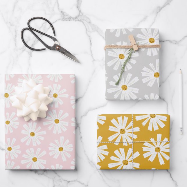 Cute Scandi Daisy Wrapping Paper Sheets (Front)