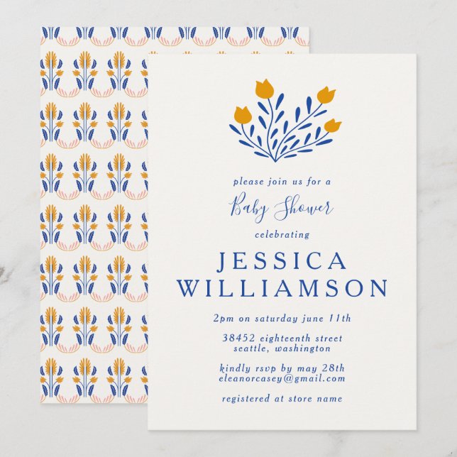 Cute Scandi Folk Flowers in Blue Baby Shower Invitation (Front/Back)