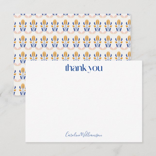 Cute Scandi Folk Flowers in Blue Baby Shower  Thank You Card (Front/Back)