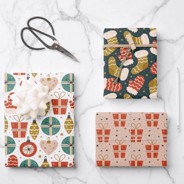 Cute Scandi Holiday Patterns Wrapping Paper Sheet (Front)