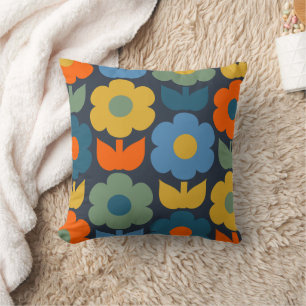 Cute Scandi Retro Modern Floral Pattern Blue Cushion