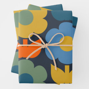 Cute Scandi Retro Modern Floral Pattern Blue Wrapping Paper Sheet