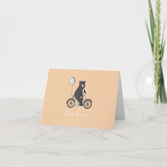 Cute Scandinavian Bear on Bike Minimalist Thank You Card (Front)