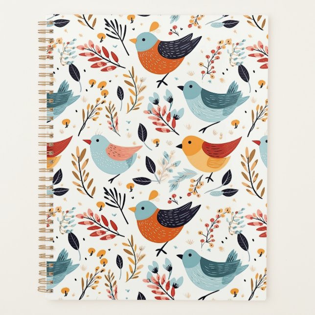Cute Scandinavian Bird Folk Art Nature Planner (Front)