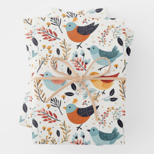 Cute Scandinavian Bird Folk Art Nature Wrapping Paper Sheet