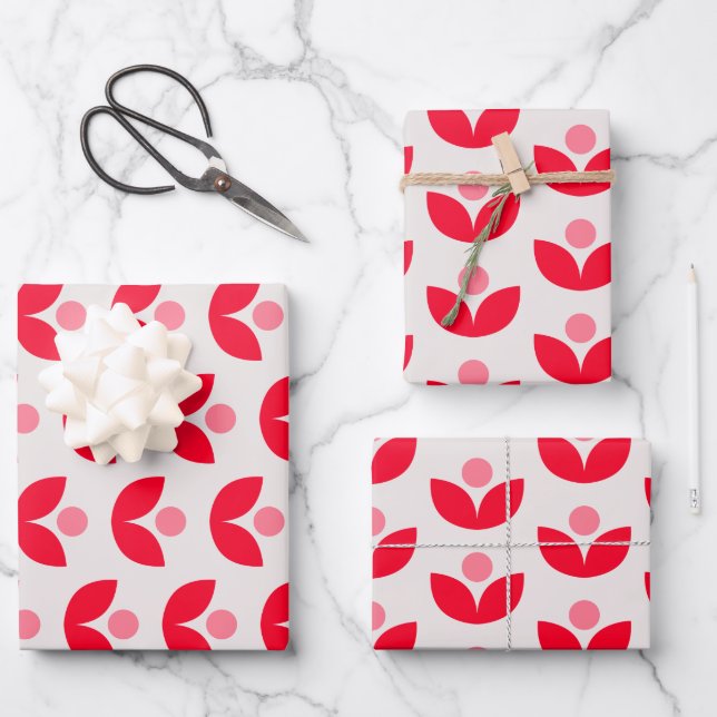 Cute Scandinavian Botanical Geometric Art Pink Red Wrapping Paper Sheet (Front)