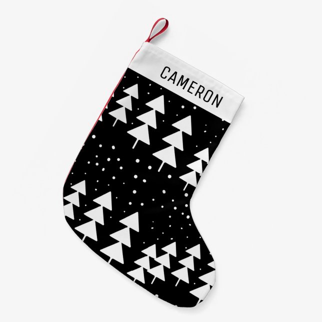 Cute Scandinavian Christmas Black and White Trees Small Christmas Stocking (Front (Hanging))