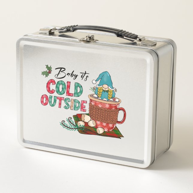 Cute Scandinavian Christmas Gnome & Hot Cocoa Metal Lunch Box (Front)
