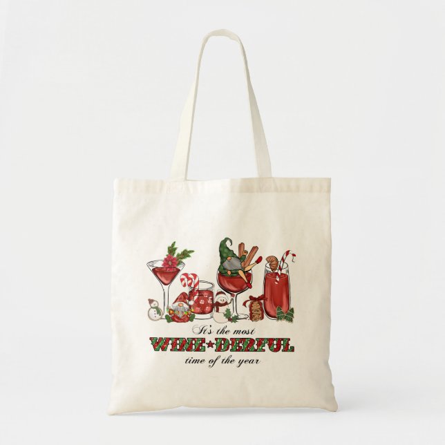 Cute Scandinavian Christmas Gnomes with Wine Glass Tote Bag (Front)