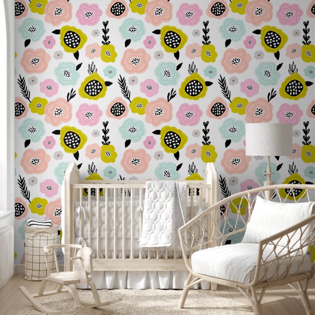 Cute Scandinavian Daisy Flowers Girl's Nursery Wallpaper (Kids)