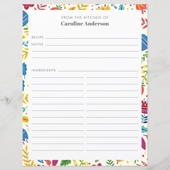 Cute Scandinavian Floral Personalised Recipe Page (Front)