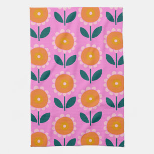 Cute Scandinavian Flowers in Pink and Orange Tea Towel