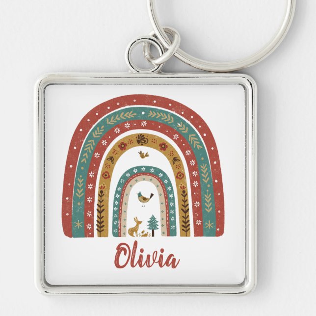 Cute Scandinavian Folk Art Rainbow Key Ring (Front)