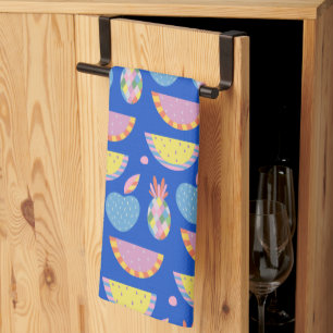 Cute Scandinavian Fruit Pattern Blue Whimsical Tea Towel