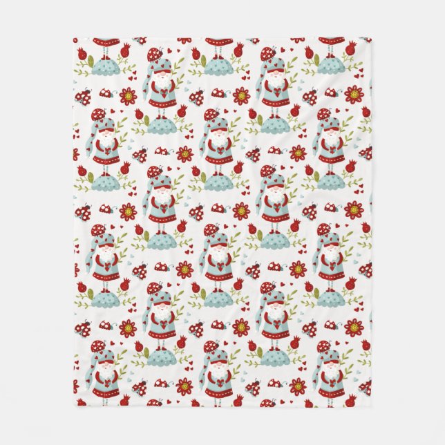 Cute Scandinavian Gnome and Nature Pattern Fleece Blanket (Front)