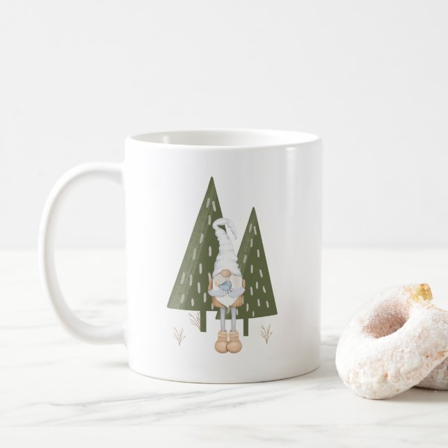 Cute Scandinavian Gnome Bird Pine Trees Coffee Mug (With Donut)