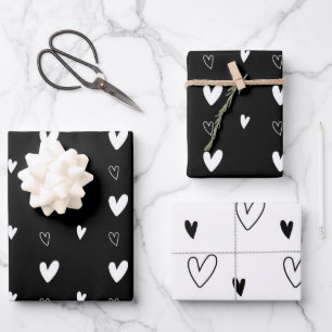Cute Scandinavian Heart Pattern Black and White Wrapping Paper Sheet