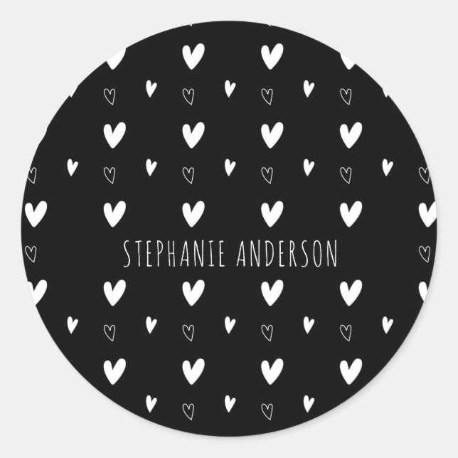 Cute Scandinavian Heart Pattern Black Personalised Classic Round Sticker (Front)