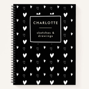 Cute Scandinavian Heart Pattern Black Personalised Notebook