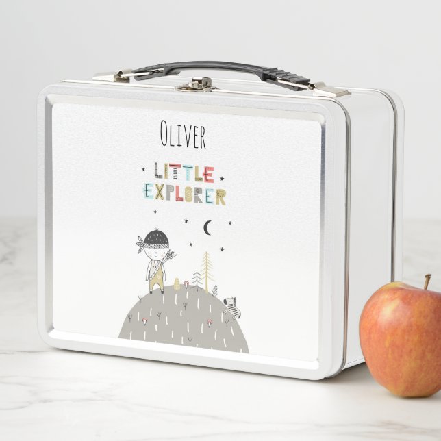 Cute Scandinavian Little Explorer Personalised Metal Lunch Box (In Situ)