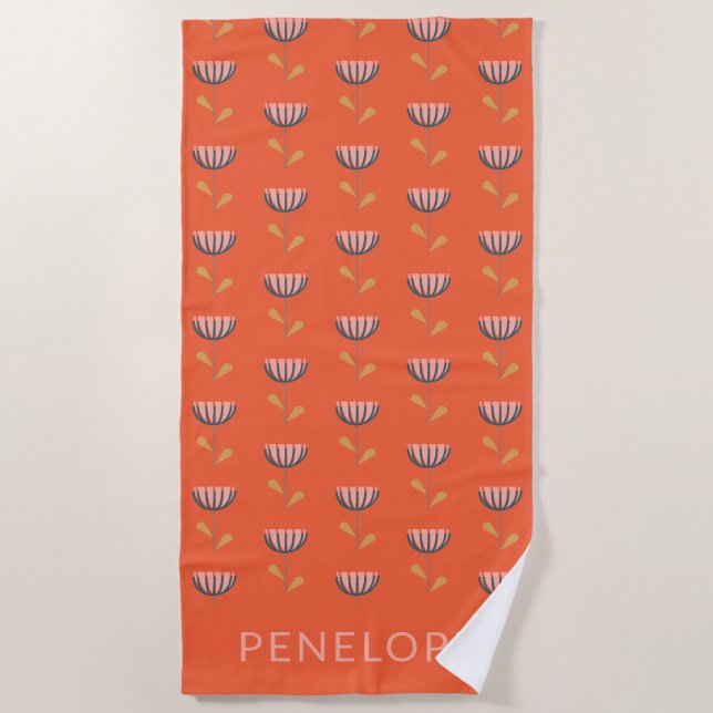 Cute Scandinavian Orange Floral Personalised Beach Towel (Front)