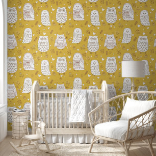 Cute Scandinavian Owls Flowers Bees Saffron Yellow Wallpaper