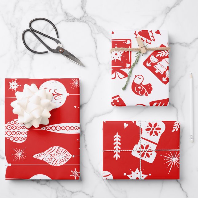 Cute Scandinavian Red and White Christmas Pattern Wrapping Paper Sheet (Front)