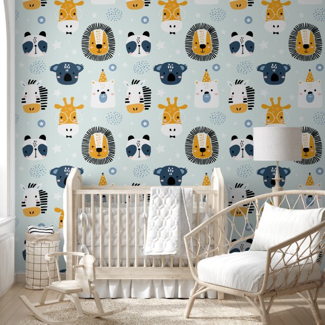 Cute Scandinavian Safari Animal Faces Nursery Wallpaper (Kids)