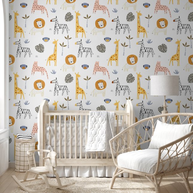 Cute Scandinavian Safari Animals White Nursery Wallpaper (Kids)