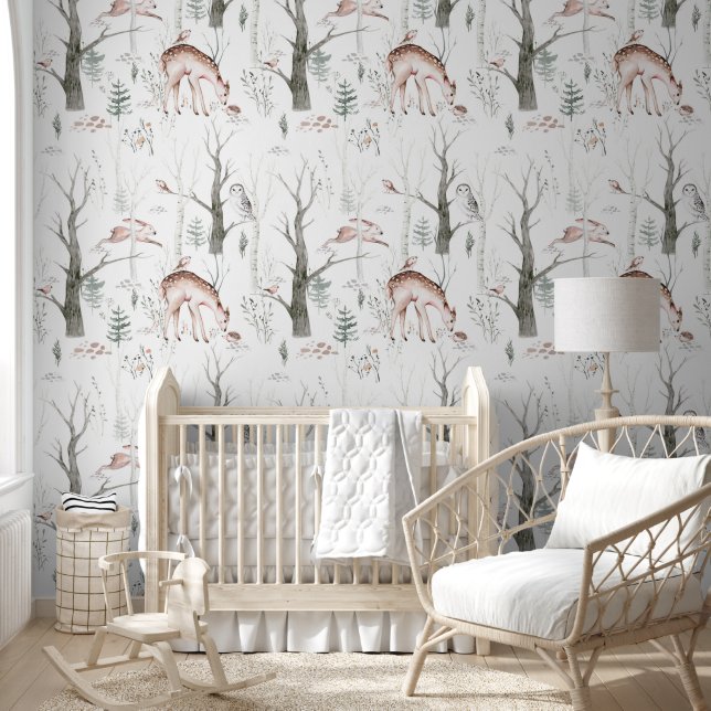Cute Scandinavian Woodland Animal Friends Nursery Wallpaper (Kids)