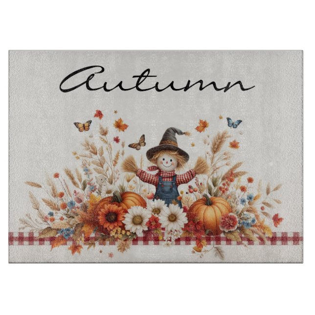 Cute Scarecrow and Autumn Flowers with Butterflies Cutting Board (Front)