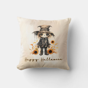 Cute Scarecrow Gold Sunflowers Happy Halloween Cushion